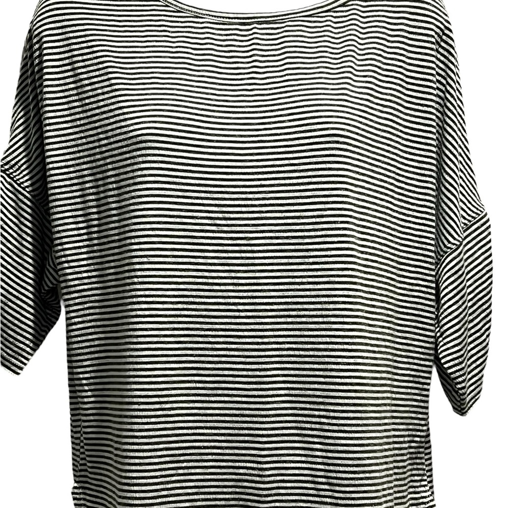 NWT Max Studio Linen-Blend Crinkle Stripe Knit Cinched Sleeve Top - Picture 3 of 4